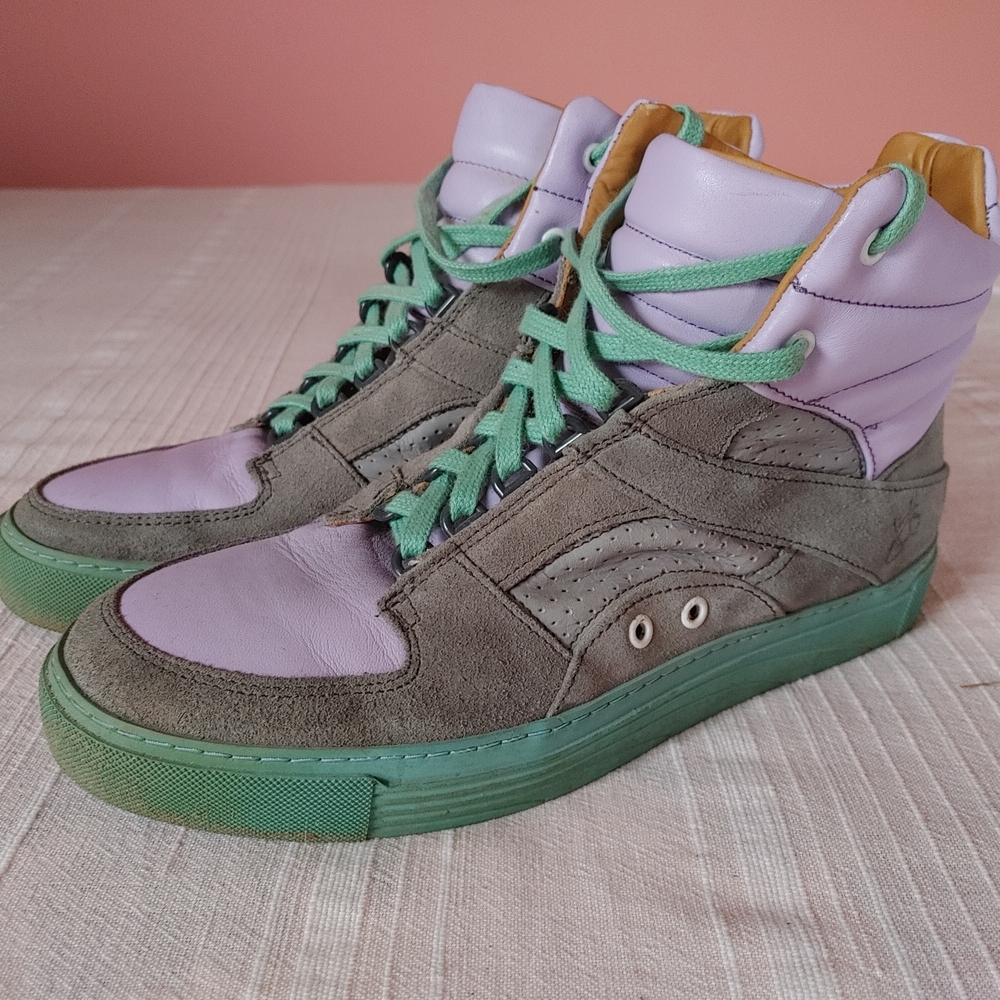 John Fluevog LoPro Leon Retro High-Top Sneakers in Lavender, Gray & Aqua - Picture 2 of 8